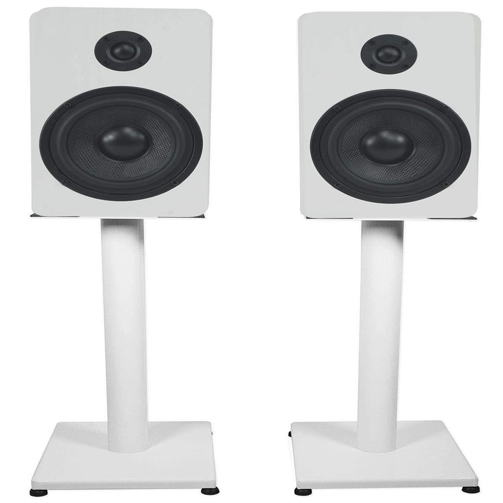 Rockville Bundle: (2) RockShelf 54W 360w White 5.25" Home Theater Bookshelf Speakers Bundle with (2) RS21W 21 inch Steel Bookshelf Speaker/Studio Monitor Stands (4 Items)