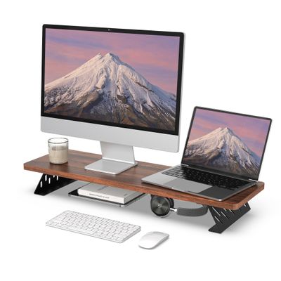 Fenge Monitor Stand Riser, Desk Top Shelf for 2 Monitors, Computer Stands for Desk, Wood & Steel Desktop Riser for Laptop, PC, Printer