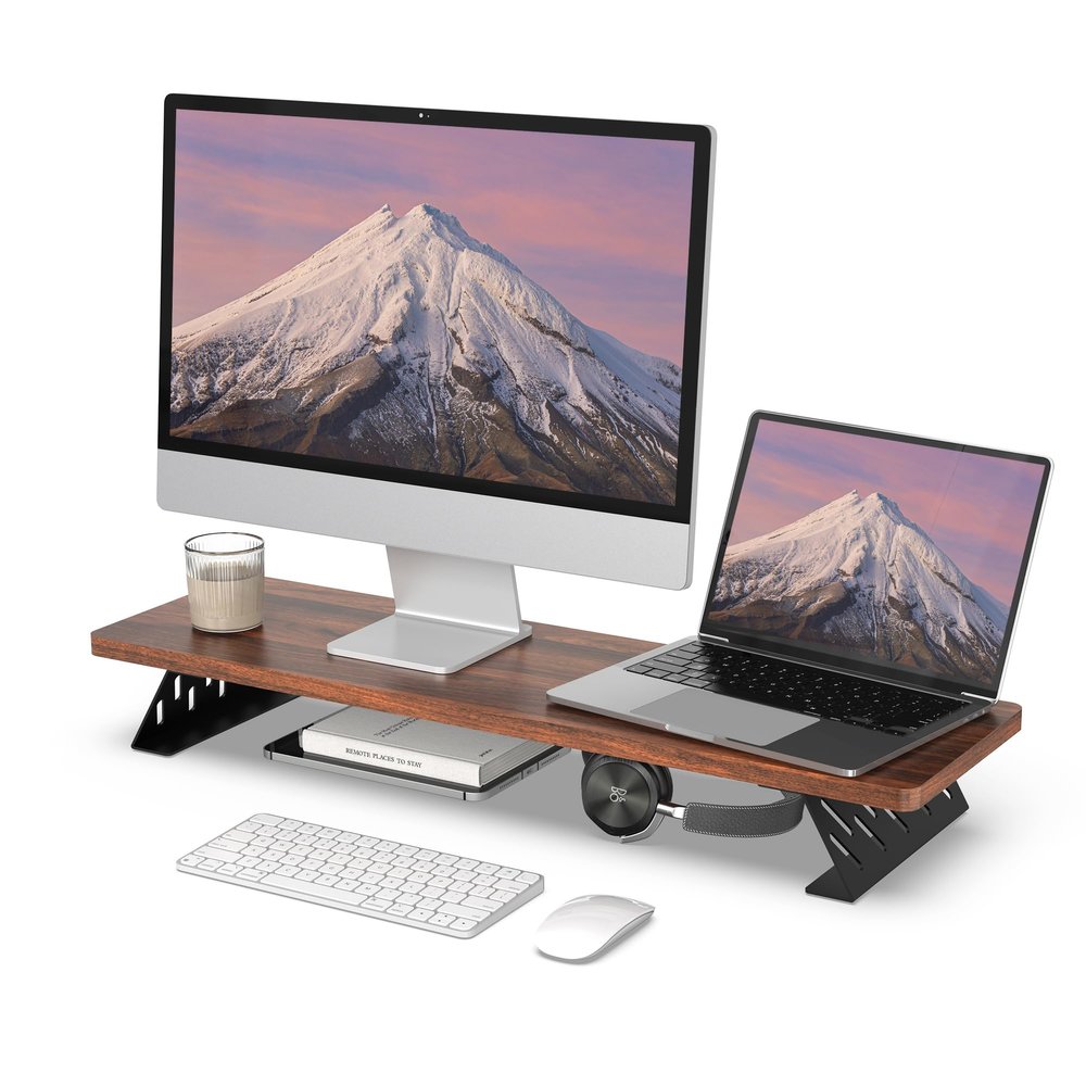 Fenge Monitor Stand Riser, Desk Top Shelf for 2 Monitors, Computer Stands for Desk, Wood & Steel Desktop Riser for Laptop, PC, Printer