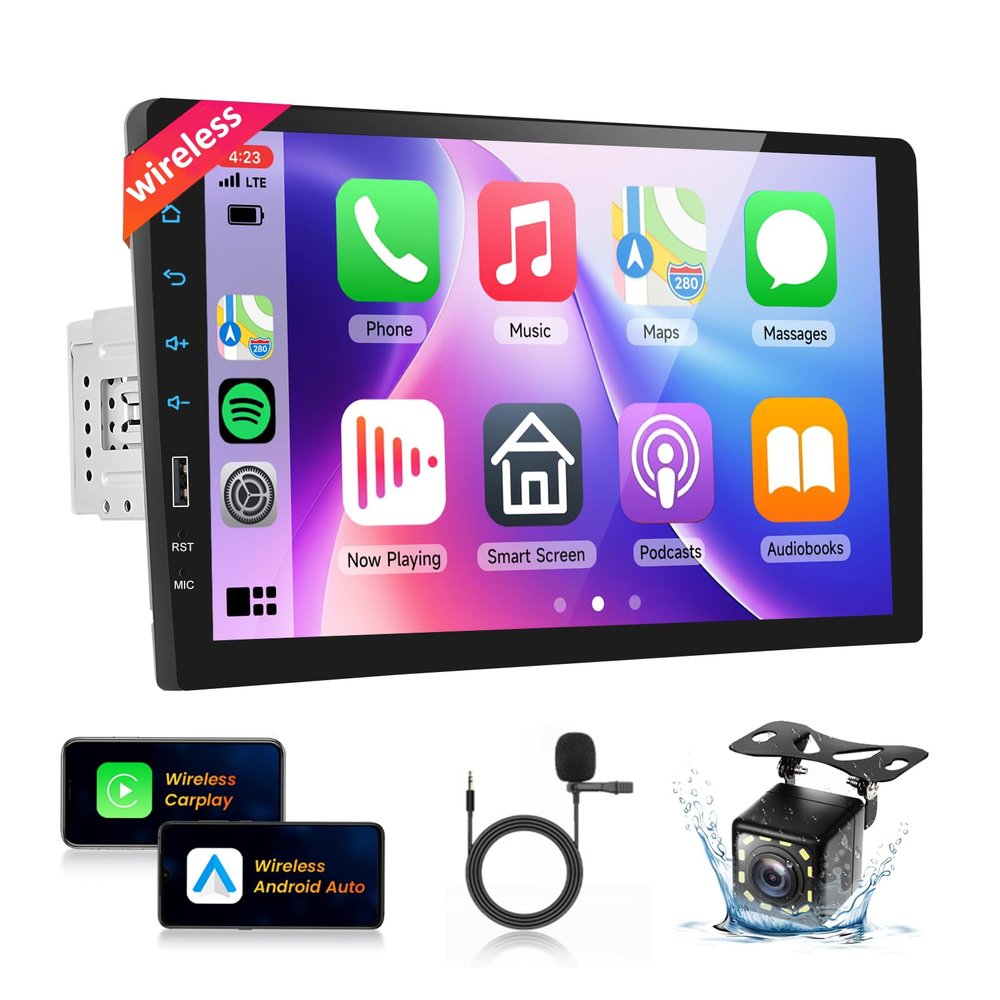 Wireless Carplay Single Din Car Stereo with Wireless Android Auto Airplay Mirror Link,Podofo 9inch 1080P HD Touch Screen Bluetooth Radio Audio Receivers with FM Radio SWC EQ DVR 12LED Backup Camera
