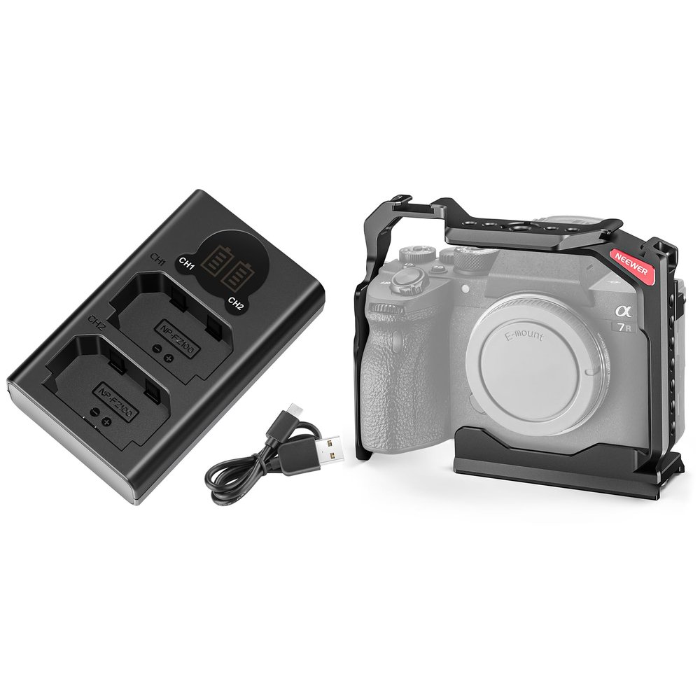 NEEWER Full Camera Cage Compatible with Sony a7R V/a7R IV/a7 IV/a7S III/a1, Compatible with DJI RS Stabilizers, CA004Dual USB Charger for Sony NP-FZ100 Battery Included