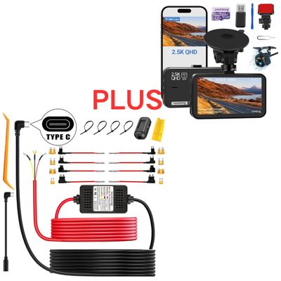 Acc Hardwire Kit for Dash Camera Type C 3-Lead Hard Wire Kit 12V-24V to 5V USB-C Plus Dash Camera for Cars WiFi/APP Control Dual Dashcam W/ 64GB Card