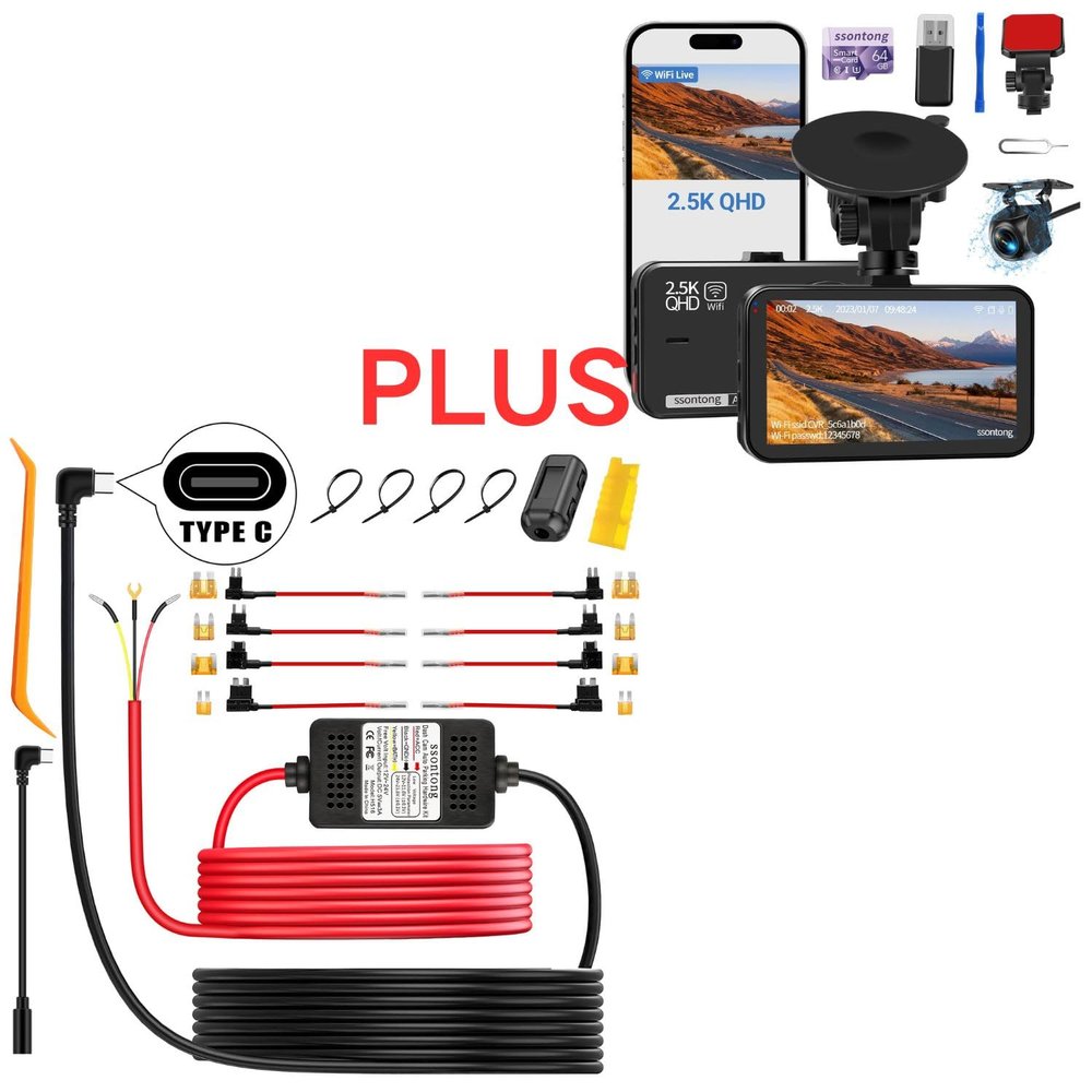 Acc Hardwire Kit for Dash Camera Type C 3-Lead Hard Wire Kit 12V-24V to 5V USB-C Plus Dash Camera for Cars WiFi/APP Control Dual Dashcam W/ 64GB Card