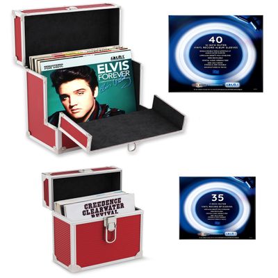 Retro musique Aluminium 12" Vinyl Record Storage Case with Unique Folding Front Flap for Better Access to Your LPs,Holds up to 40 LPs,(in PVC Sleeves) includes 40 Vinyl Record Outer Sleeves, Red (12