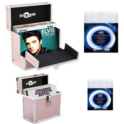 Retro musique Aluminium 12" Vinyl Record Storage Case with Unique Folding Front Flap for Better Access to Your LPs,Holds up to 40 LPs,(in PVC Sleeves) includes 40 Vinyl Record Outer Sleeves, Rose Gold