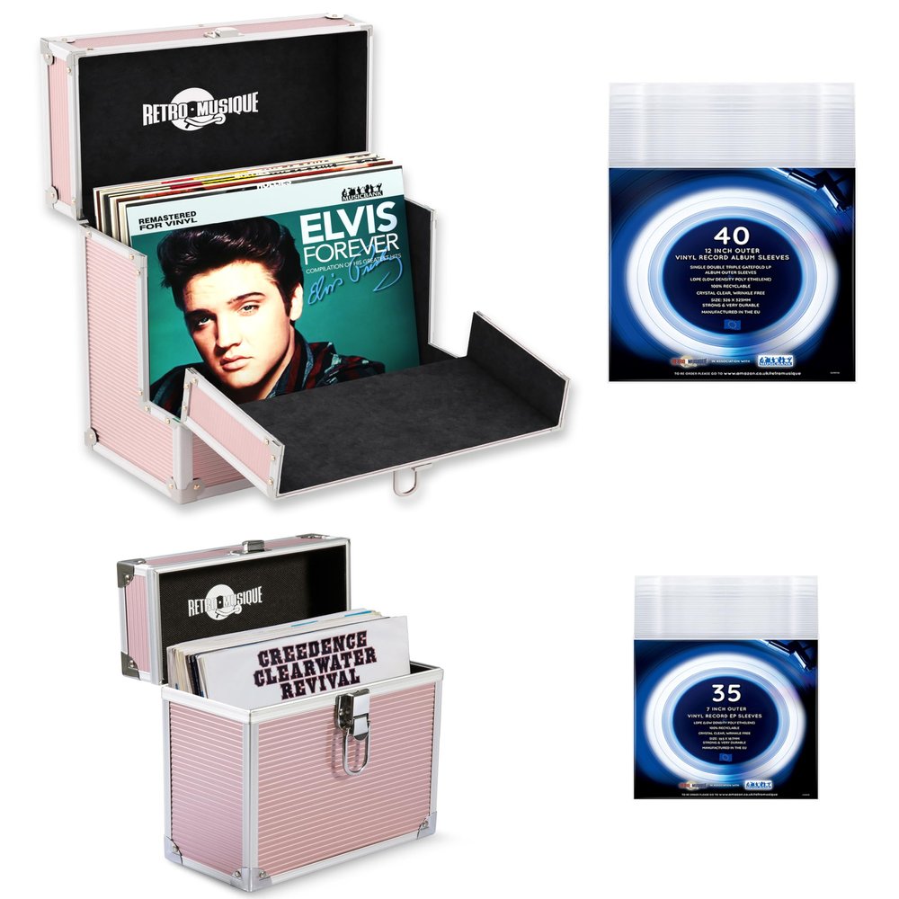 Retro musique Aluminium 12" Vinyl Record Storage Case with Unique Folding Front Flap for Better Access to Your LPs,Holds up to 40 LPs,(in PVC Sleeves) includes 40 Vinyl Record Outer Sleeves, Rose Gold