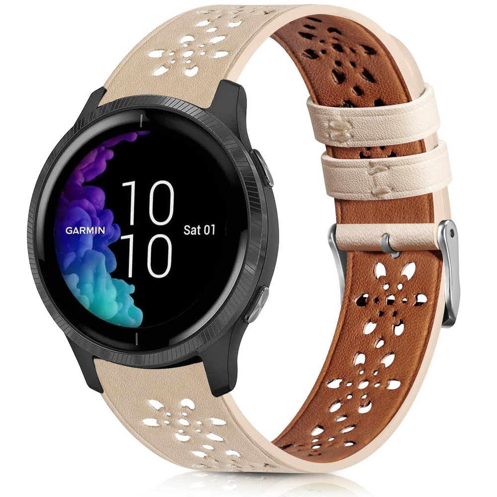BOTNUW Lace Leather Band Compatible with Garmin Vivoactive 3/Vivoactive 3 Music Bands/Vivoactive 5 Bands,Garmin Venu/Venu 2 Plus Bands Women Men,20mm Breathable Slim Hollow-out Sports Replacement Band (Apricot)