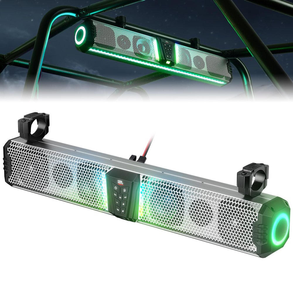 KEMIMOTO Midnight S80 32-Inch Aluminum UTV Sound Bar, IP66, 65Hz Deep Bass, Multicolor Lights, Music Sync, App Control, Bluetooth Soundbar for UTV, Golf Cart, Marine, Boat with 1''-2'' Roll Bar