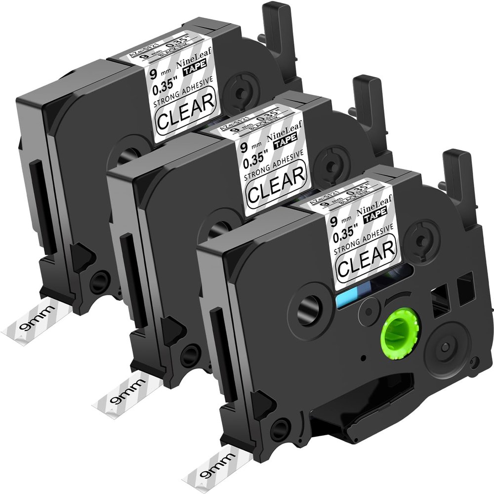 NineLeaf 3pk Compatible for Brother P-Touch TZe-S121 TZ-S121 TZe-121 TZ-121 9mm 0.35 Black on Clear Extra Strength Label Tape for PT-D450 PT-D400VP PT-D600 PT-D610BT Label Maker