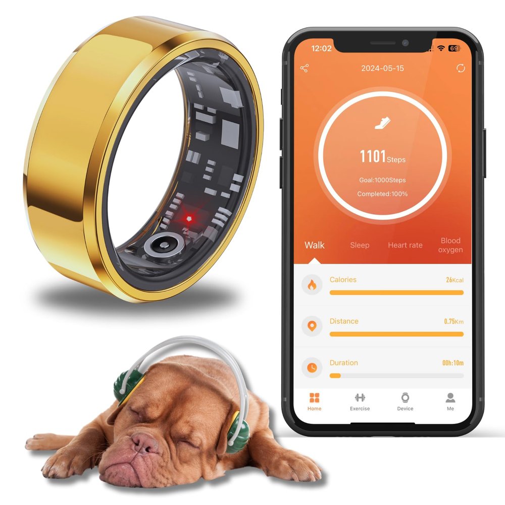 Oulencu Smart Ring Health Tracking Sleep Tracker for Men and Women, Fitness Tracker, Heart Rate, Blood Oxygen Monitor, Calorie Tracker, Shake and Take Photos, Waterproof (Gold, #7-54.4mm/2.14in)