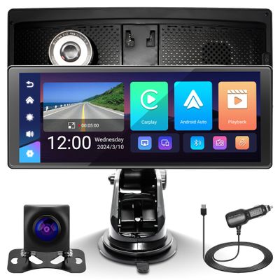 10.26 inch Portable Car Stereo Car Radio with 4K DVR Dash Camera Back Camera Wireless Apple CarPlay&Android Auto IPS Touch Screen Bluetooth/FM/AUX Car Play Navigation