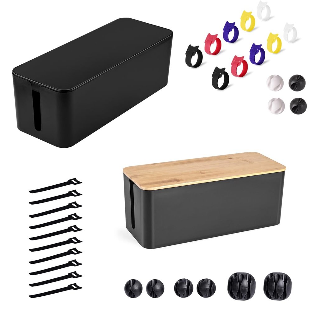 Cable Management Box - Wooden Style Large Cord Organizer Box to Hide Wires & Large Cable Organizer Box to Cord Organizer Box for Home & Office, Black