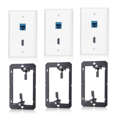 3 Pack HDMI Ethernet Wall Plate, RJ45 Cat6 HDMI Keystone Jack, 2-Port Ethernet Wall Outlet with Low Voltage Mounting Bracket, Hide Cables Behind The Wall