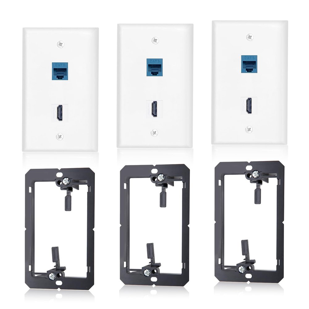 3 Pack HDMI Ethernet Wall Plate, RJ45 Cat6 HDMI Keystone Jack, 2-Port Ethernet Wall Outlet with Low Voltage Mounting Bracket, Hide Cables Behind The Wall