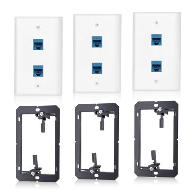 3 Pack Ethernet Wall Outlet, 2-Port Ethernet Wall Plate RJ45 Cat6 Blue Keystone Jack with Low Voltage Mounting Bracket, Hide Cables Behind The Wall