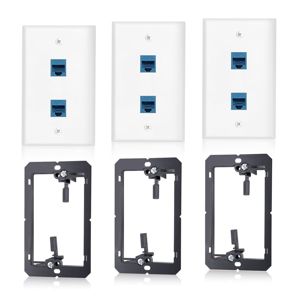 3 Pack Ethernet Wall Outlet, 2-Port Ethernet Wall Plate RJ45 Cat6 Blue Keystone Jack with Low Voltage Mounting Bracket, Hide Cables Behind The Wall