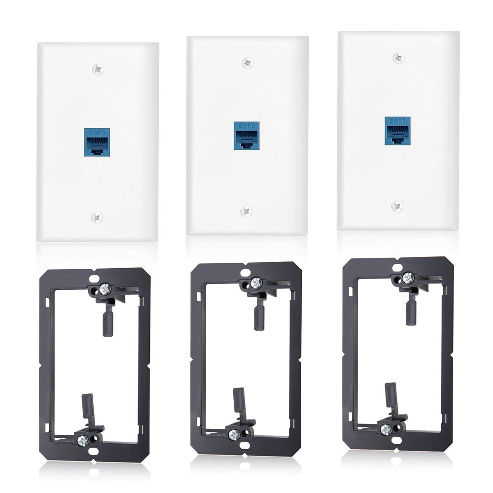 3 Pack Ethernet Wall Plate, RJ45 Cat6 Blue Keystone Jack, 1-Port Ethernet Wall Outlet with Low Voltage Mounting Bracket, Hide Cables Behind The Wall