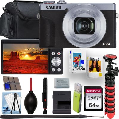 Canon PowerShot G7 X Mark III 4K Video Recording Digital Camera (Silver) + 64GB Memory Card + Shoulder Bag + Flex Tripod + Software Kit + Deluxe Cleaning Kit (Renewed)