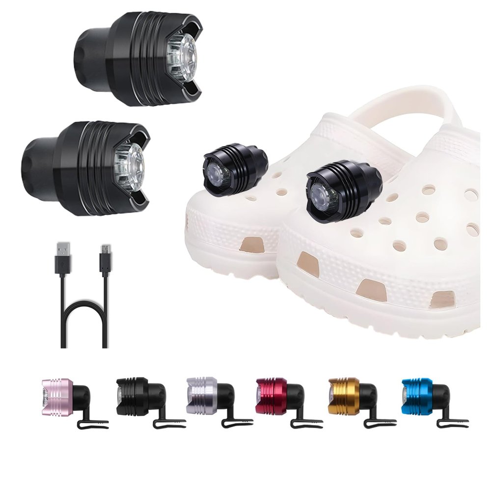 RAHAN 2 Pcs Rechargable Clip on Clog Headlights Shoe Charms, Flashlight Attachment for Shoe, Accessory for Kids Boy Girl Men Women Adult Sandals, Clip on Clog Light up Shoe Decoration Charms for Shoe