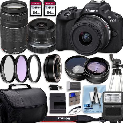 Canon EOS R50 4K Video Recording Mirrorless Camera with 18-45mm and Canon EF 75-300mm f/4-5.6 III Lenses+128GB Fast Transcend Memory+Deluxe Accessory Bundle (Renewed)