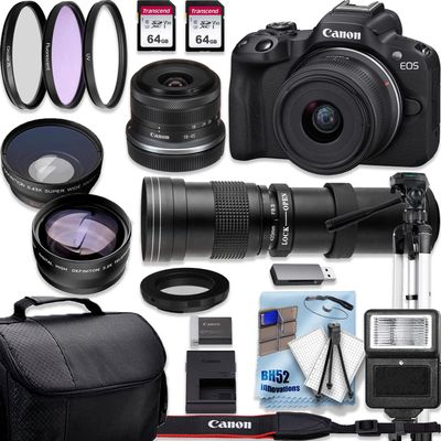 Canon EOS R50 4K Video Recording Mirrorless Camera with 18-45mm and 420-800mm f/8.3 HD Telephoto Zoom Lenses+128GB+Deluxe Accessory Bundle (Renewed)