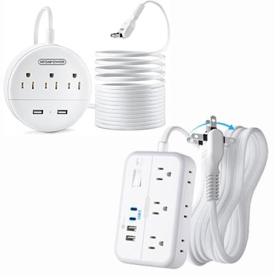 NTONPOWER Long Extension Cord 15FT, 1875W/15A 2 Prong to 3 Prong Outlet Adapter, 3 Outlets 2 USB Ports, Wall Mount 2 Prong Power Strip Flat Plug, 3 to 2 Prong Outlet Adapter for Old House, Office