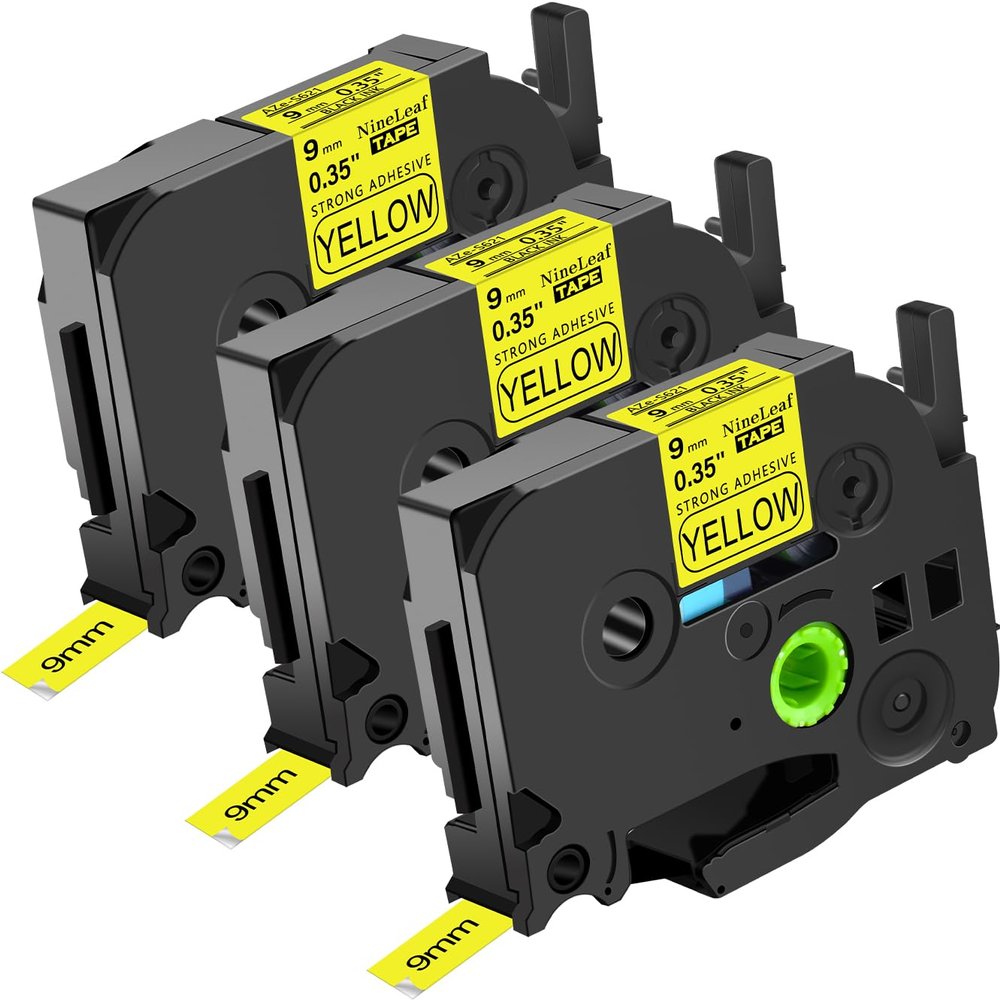 NineLeaf 3pk Compatible for Brother P-Touch TZe-S621 TZ-S621 TZe-621 TZ-621 9mm 0.35 Black on Yellow Extra Strength Label Tape for PT-D450 PT-D400VP PT-D600 PT-D610BT Label Maker