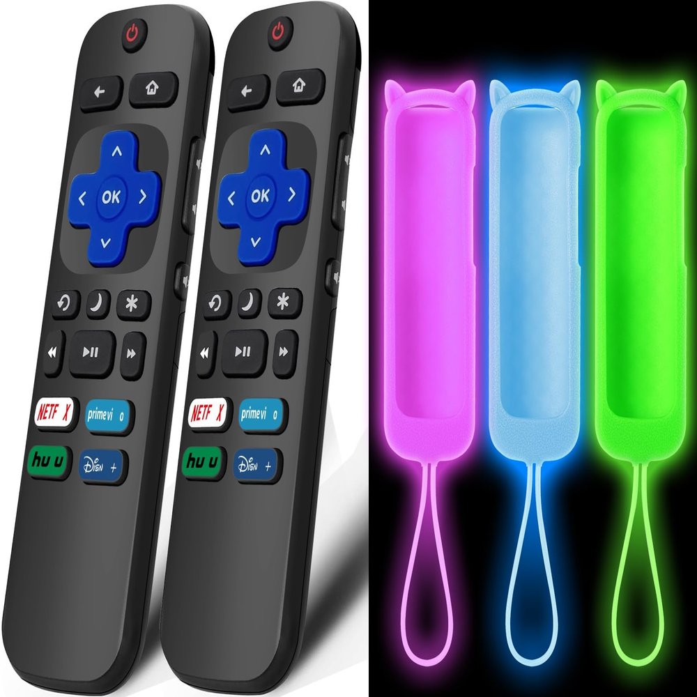 (3+2 Packs) Replacement Remote for Roku TV with Soft Silicone Protective Cover(All can Glow in The Dark), Universal Remote Control Compatible with TCL/Hisense/Sharp/Philips/Onn/Element Roku TV
