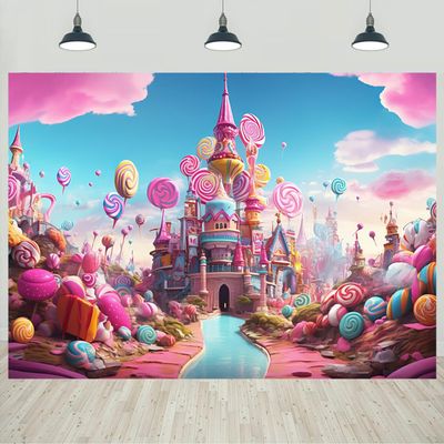 10x8ft Candyland Backdrop Fantasy Pink Castle Sweet Candy Photography Background Girls Birthday Candyland Theme Party Decorations Banner Photo Studio Props
