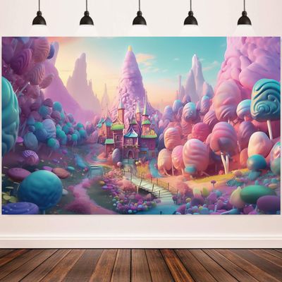 15x10ft Candyland Backdrop Fantasy Candy Forest Castle Pink Candy Mountain Photography Background Candy Theme Kids Birthday Party Decorations Banner Photo Studio Props