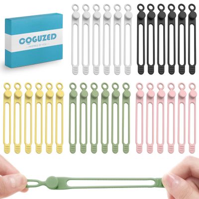 CoguZed 30Pcs Silicone Cable Ties, Reusable Cable Management Organizer, Multipurpose Elastic Cord Organizer for Bundling and Fastening Cables, Wires, Charger, Home, Office, Kitchen, School (5 Colors)