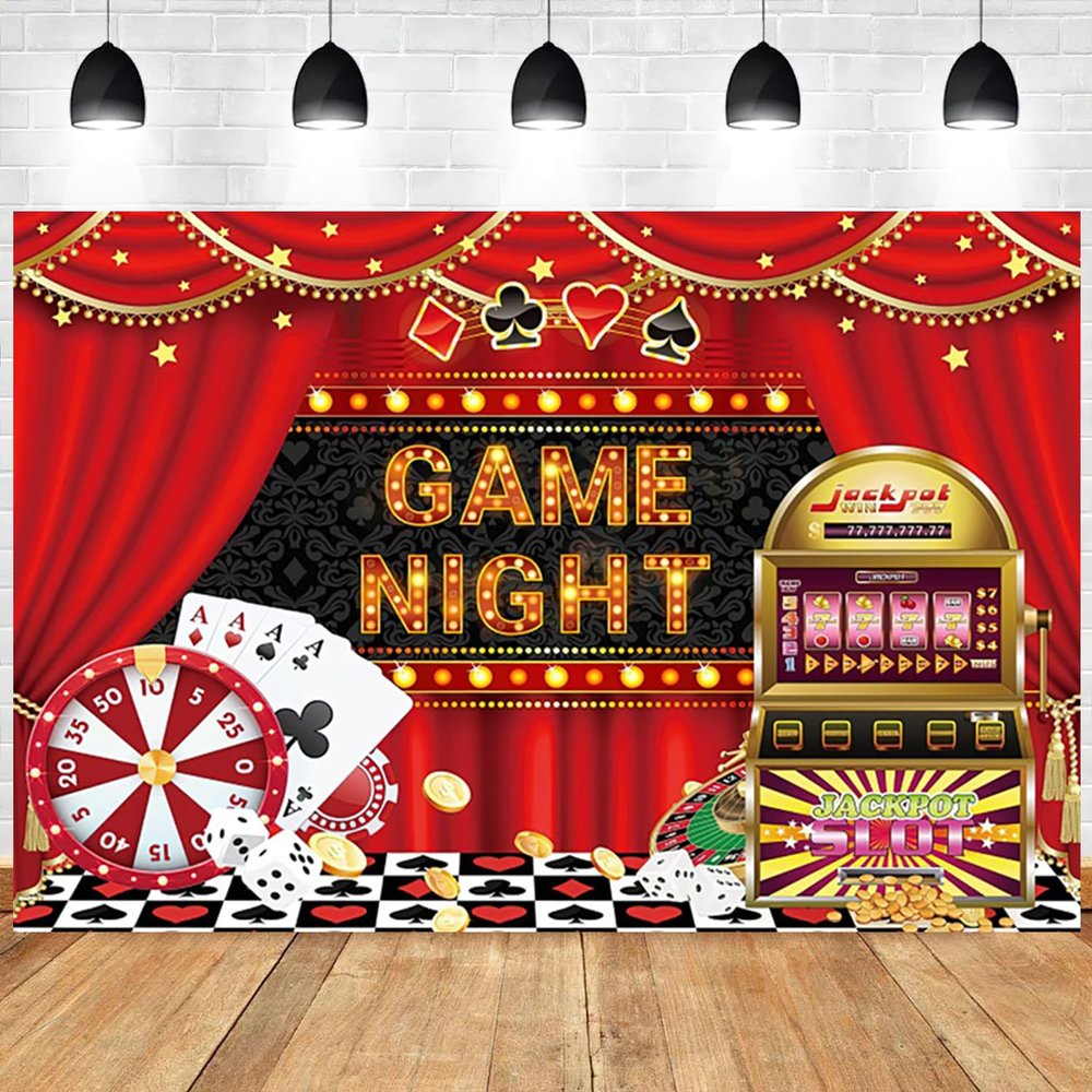 15x10ft Game Night Backdrop Jackpot Gamble Gaming for Boys Birthday Photography Background Turntable Dice Chess Card Playing Card Banner Decorations Men Adults Gaming Party Photo Booth Prop