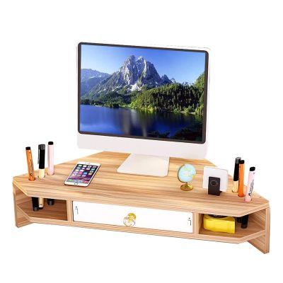 ZIMGOD Corner Monitor Stand Triangular Monitor Shelf with Pencil Holder & Drawer, Wooden Desktop Corner Stand for Study Room, Ergonomic Laptop Risers for Office Organization(Natural)
