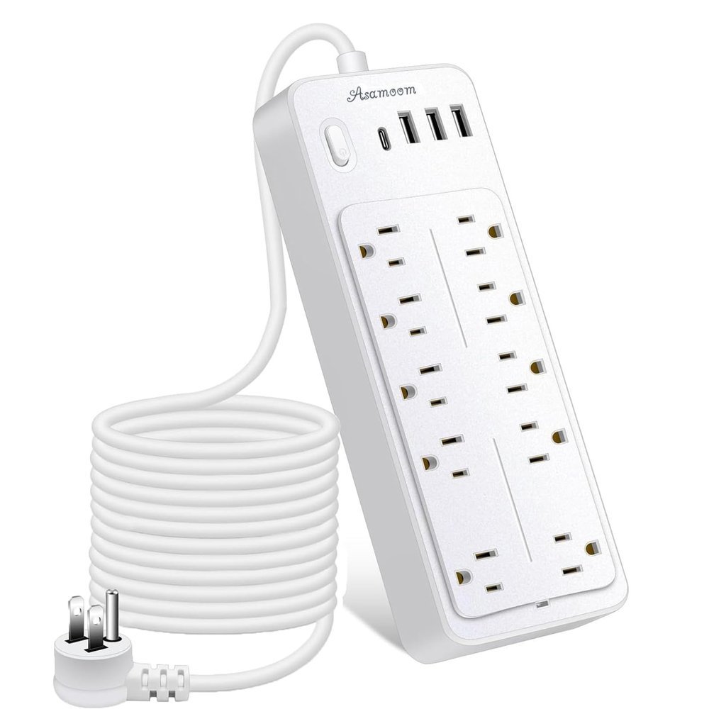 25 FT Power Strip with Surge Protection 1625W/13A, 14 Outlets and 4 USB Ports (1 USB-C), 16AWG, 1700J Flat Plug, White, ETL Listed