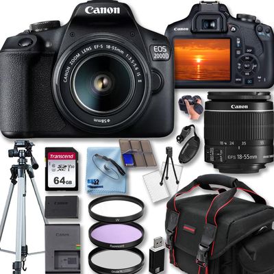 Canon EOS 2000D / Rebel T7 DSLR Camera with EF-S 18-55MM F/3.5-5.6 is II Lens + 50'' Tripod + Camera Shoulder Bag + Deluxe Accessory Bundle, Black (Renewed)