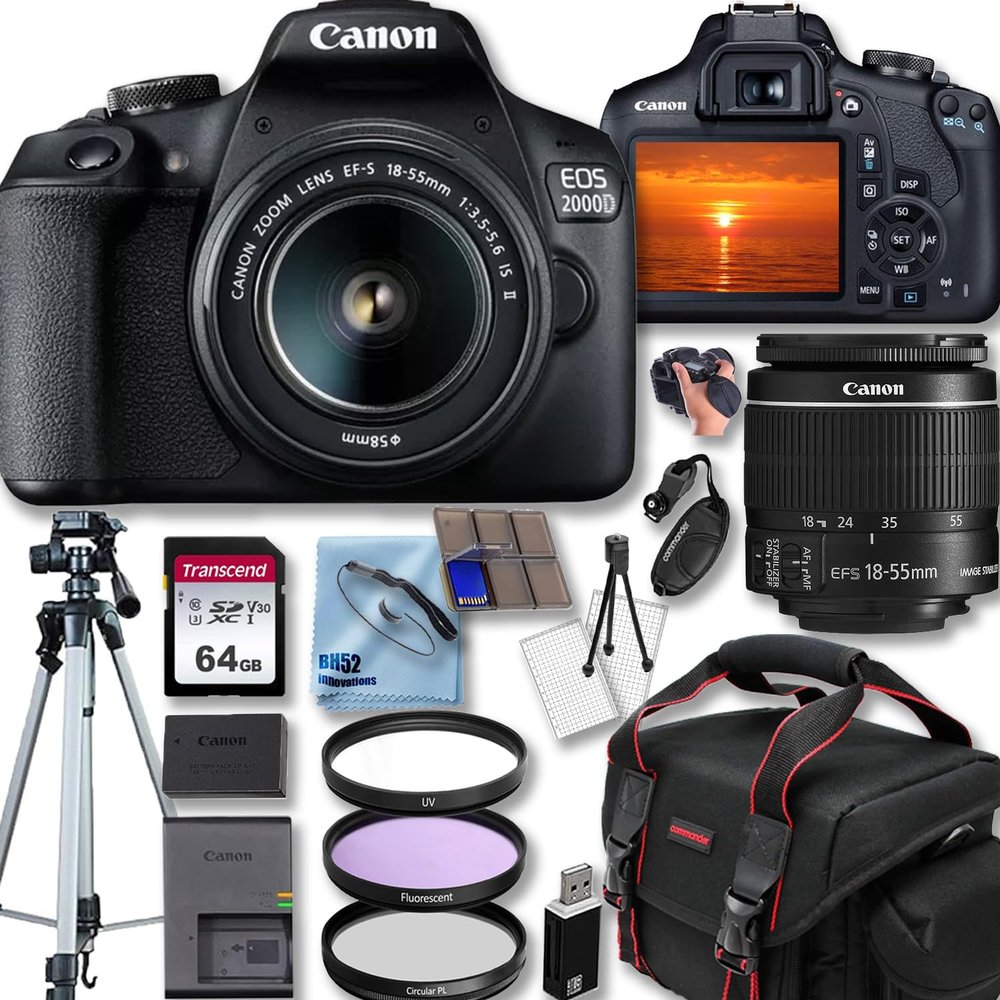 Canon EOS 2000D / Rebel T7 DSLR Camera with EF-S 18-55MM F/3.5-5.6 is II Lens + 50'' Tripod + Camera Shoulder Bag + Deluxe Accessory Bundle, Black (Renewed)