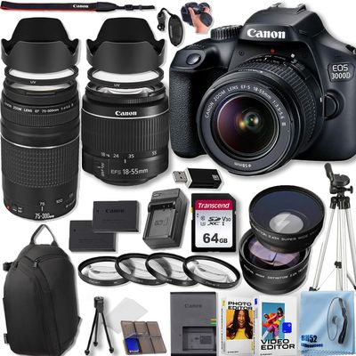 Canon EOS 3000D/EOS Rebel T100 DSLR Camera with Canon EF-S 18-55mm DC III Zoom Lens + EF 75-300mm f/4-5.6 III Lens + Deluxe Accessory Bundle, Black (Renewed)