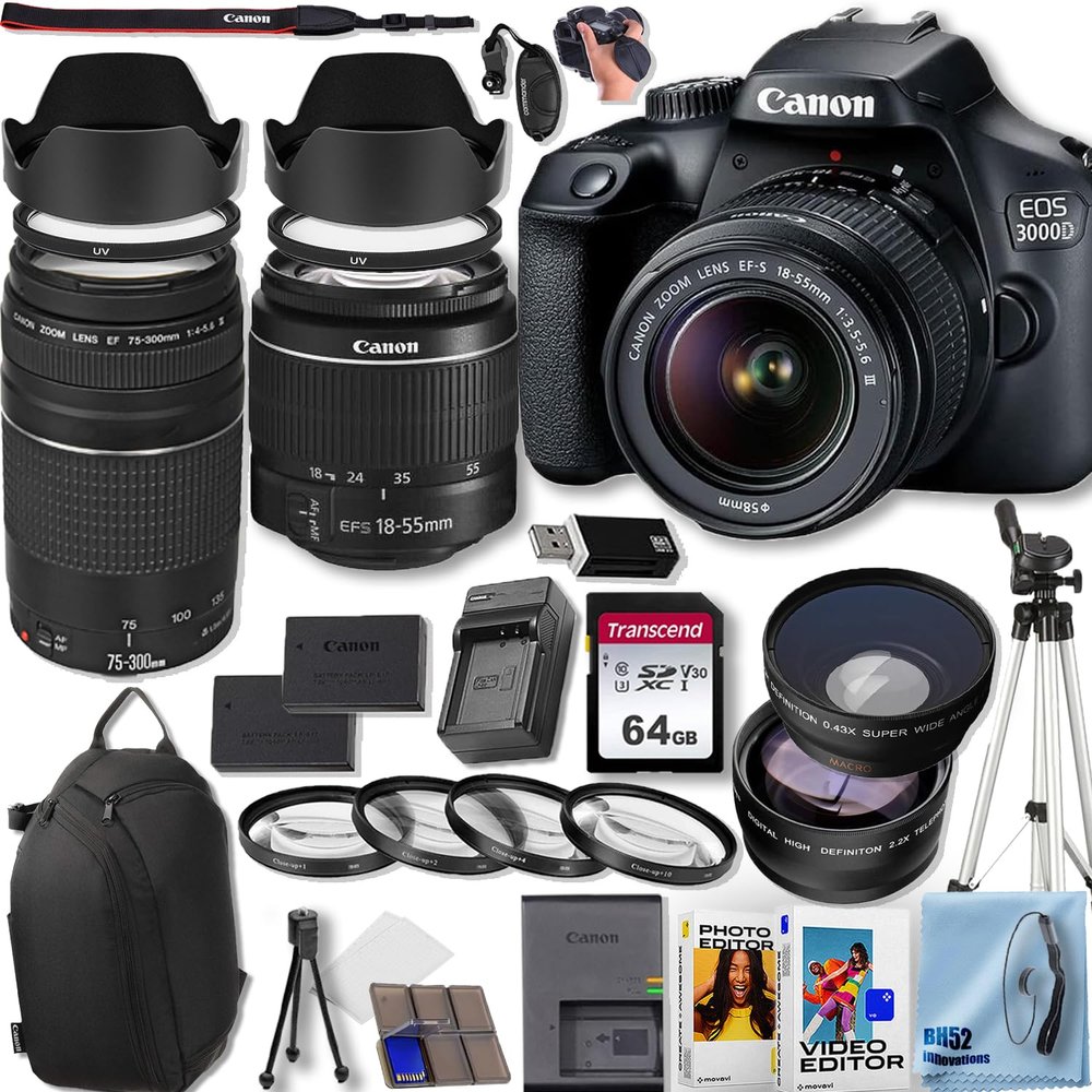 Canon EOS 3000D/EOS Rebel T100 DSLR Camera with Canon EF-S 18-55mm DC III Zoom Lens + EF 75-300mm f/4-5.6 III Lens + Deluxe Accessory Bundle, Black (Renewed)