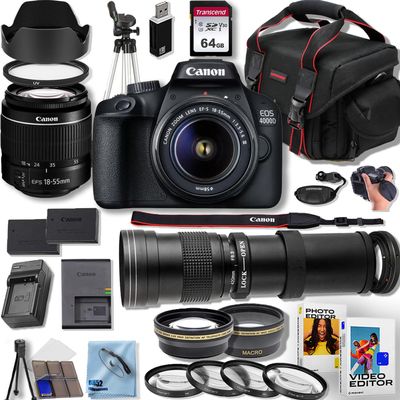 Canon EOS 4000D / Rebel T100 DSLR Camera with EF-S 18-55MM +420-800mm f/8.3 HD Telephoto Zoom Lenses with T Mount + 50'' Tripod+Deluxe Accessory Bundle, Black (Renewed)
