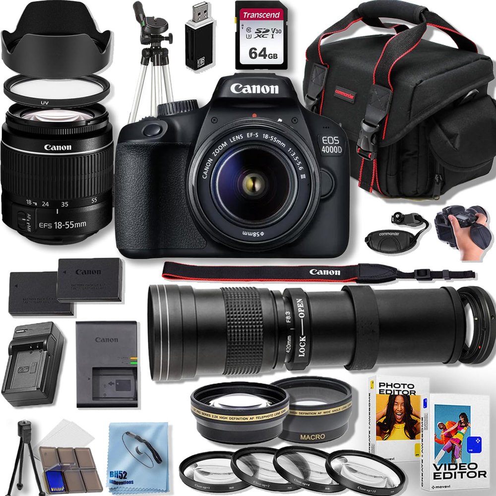 Canon EOS 4000D / Rebel T100 DSLR Camera with EF-S 18-55MM +420-800mm f/8.3 HD Telephoto Zoom Lenses with T Mount + 50'' Tripod+Deluxe Accessory Bundle, Black (Renewed)