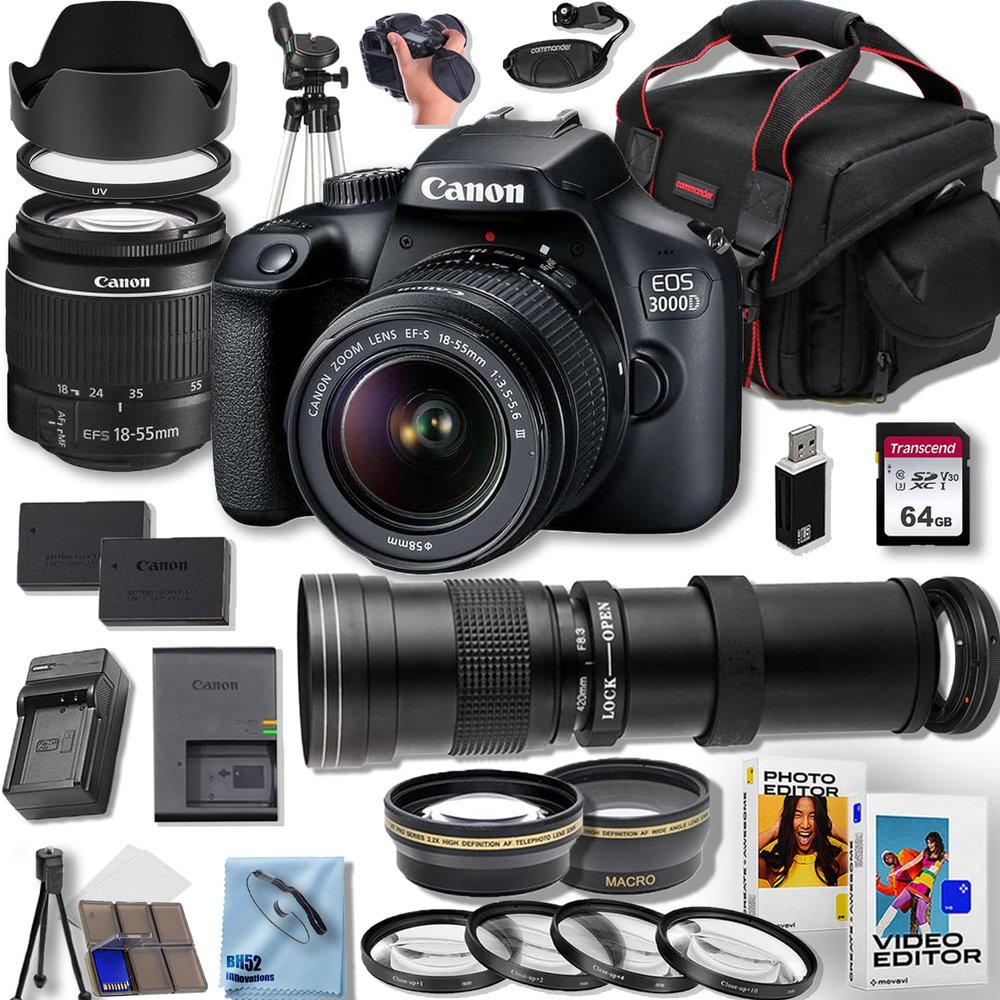 Canon EOS 3000D/EOS Rebel T100 DSLR Camera with EF-S 18-55mm DC III Zoom Lens+420-800mm f/8.3 HD Telephoto Zoom Lens with T Mount+Deluxe Accessory Bundle (Renewed)