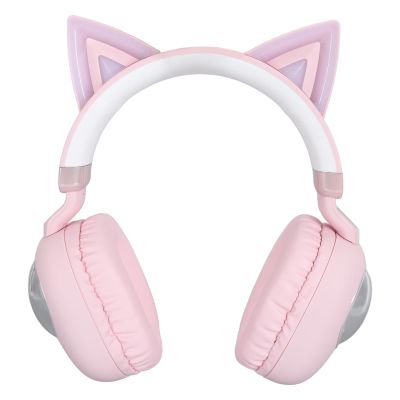 Headset for Kids Foldable Cat Ear 5.3 HiFi Stereo Adjustable Headband Wired Headset for Kids RGB Lights for Online Teaching for School (Roseate)