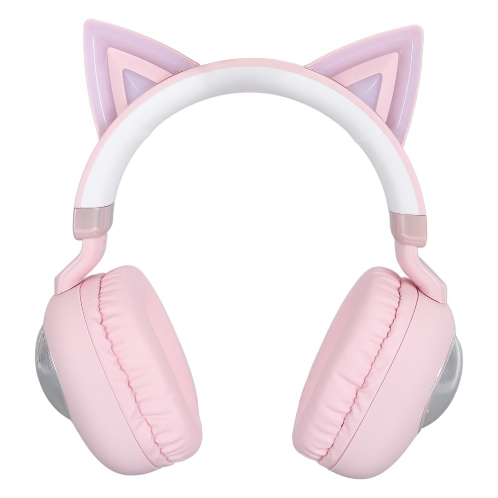 Headset for Kids Foldable Cat Ear 5.3 HiFi Stereo Adjustable Headband Wired Headset for Kids RGB Lights for Online Teaching for School (Roseate)