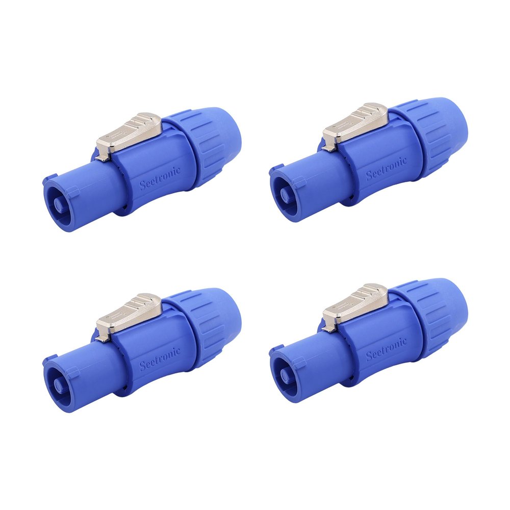 Seetronic SAC3FCA Lockable 3-Pin Power-in Connector | 20A Indoor Powercon Plug for Stage Lighting, Sound Consoles, LED Panels, Power Amplifiers, Audio Racks, and AV Equipment (Blue, Male, 4PC)