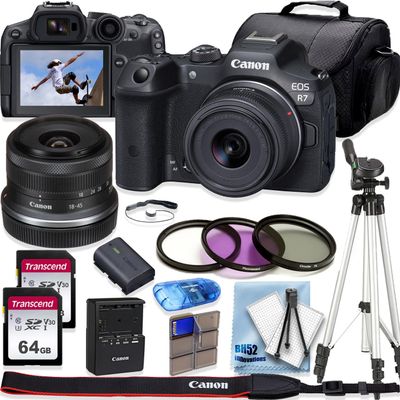 Canon EOS R7 4K Video Recording Mirrorless Camera with 18-45mm Lens, 2 X 64GB Fast Transcend Memory + Deluxe Accessory Bundle, Black (Renewed)