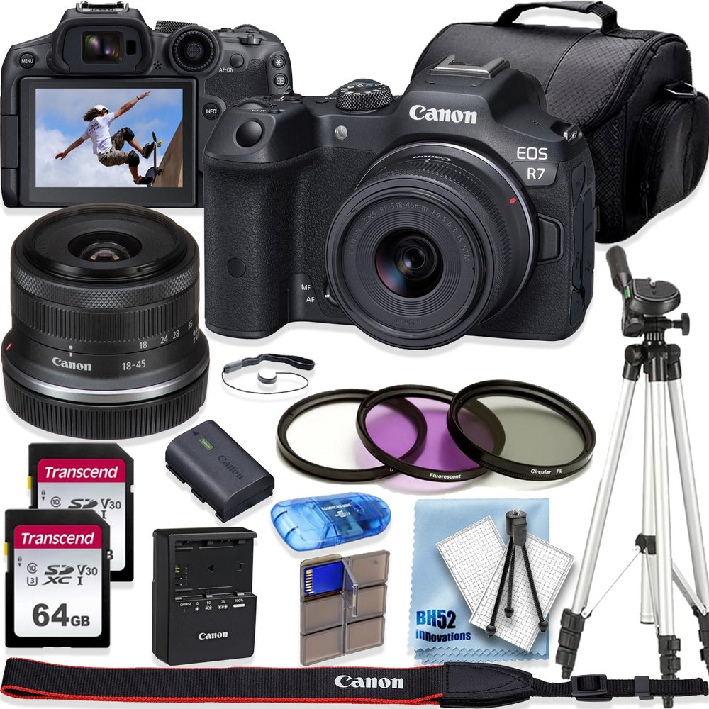 Canon EOS R7 4K Video Recording Mirrorless Camera with 18-45mm Lens, 2 X 64GB Fast Transcend Memory + Deluxe Accessory Bundle, Black (Renewed)