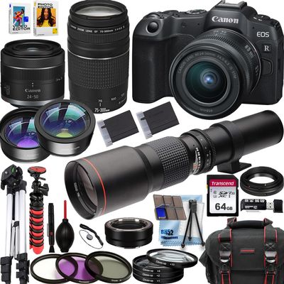Canon EOS RP 4K Video Recording Mirrorless Camera w/Canon RF 24-50mm IS STM+EF 75-300mm f/4-5.6 III+500mm f/8 Preset Telephoto Lenses+Deluxe Accessory Bundle (Renewed)