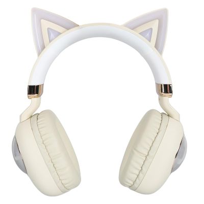 Headset for Kids Foldable Cat Ear 5.3 HiFi Stereo Adjustable Headband Wired Headset for Kids RGB Lights for Online Teaching for School (Khaki)