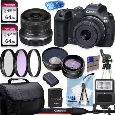 Canon EOS R7 4K Video Recording Mirrorless Camera with 18-45mm Lens, 2 X 64GB Fast Transcend Memory + Deluxe Accessory Bundle, Black (Renewed)