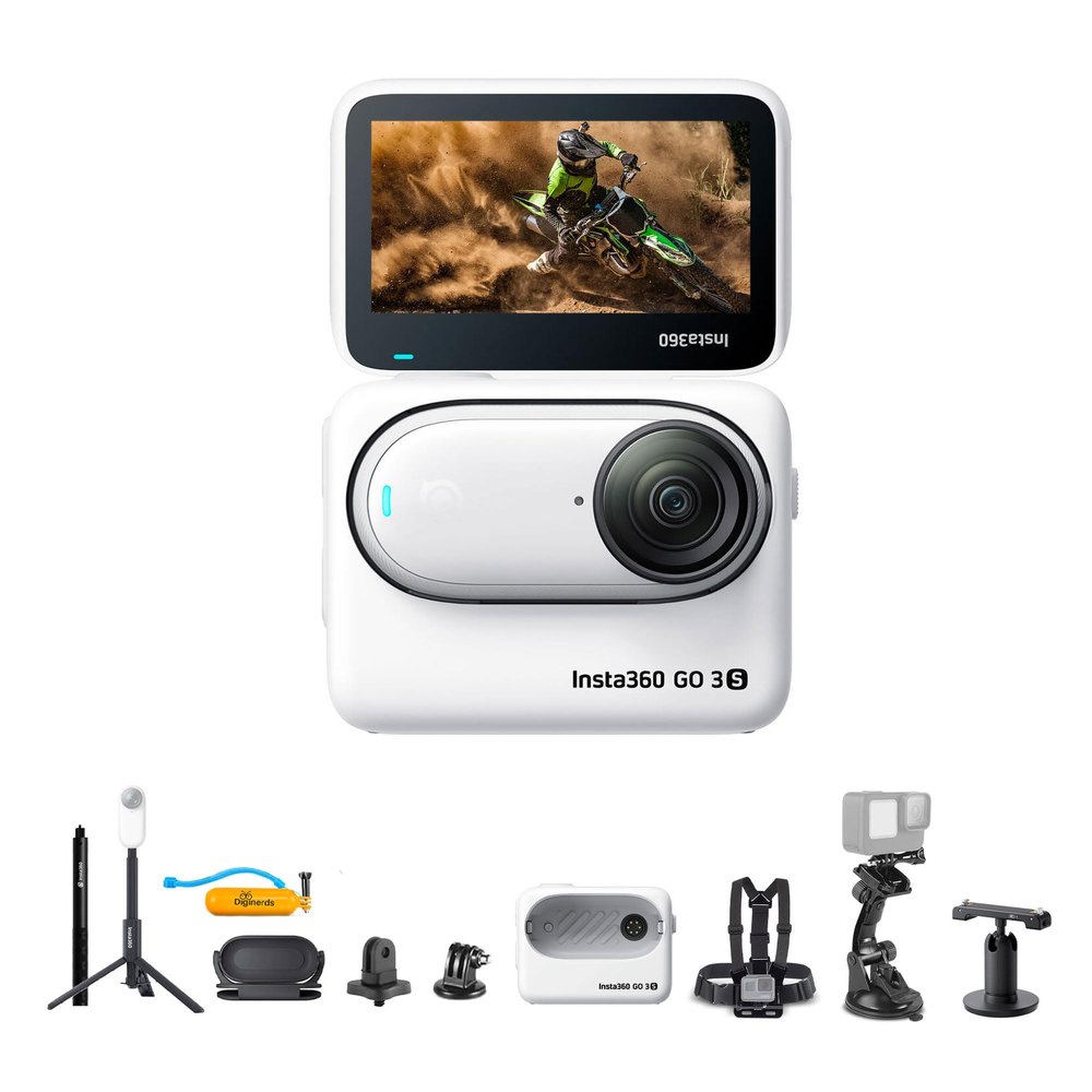 Insta360 GO 3S (White) 64GB Tiny Mighty 4K Action Vlogging Camera, Portable, Mount Anywhere, Waterproof, Stabilization, + Action Pod and Wearable Accessories + Selfie Stick + 50-in-1 Accessory Kit